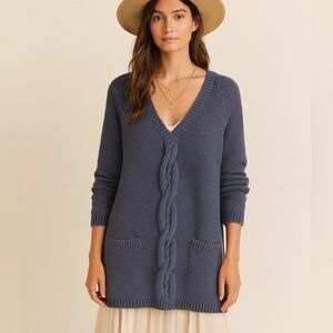 J.Jill Cable Knit Open Front Cardigan Sweater Blue L